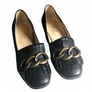 Ovye by Christina Lucci Black Italian Leather Fringe Brass Loafer Heel | 6